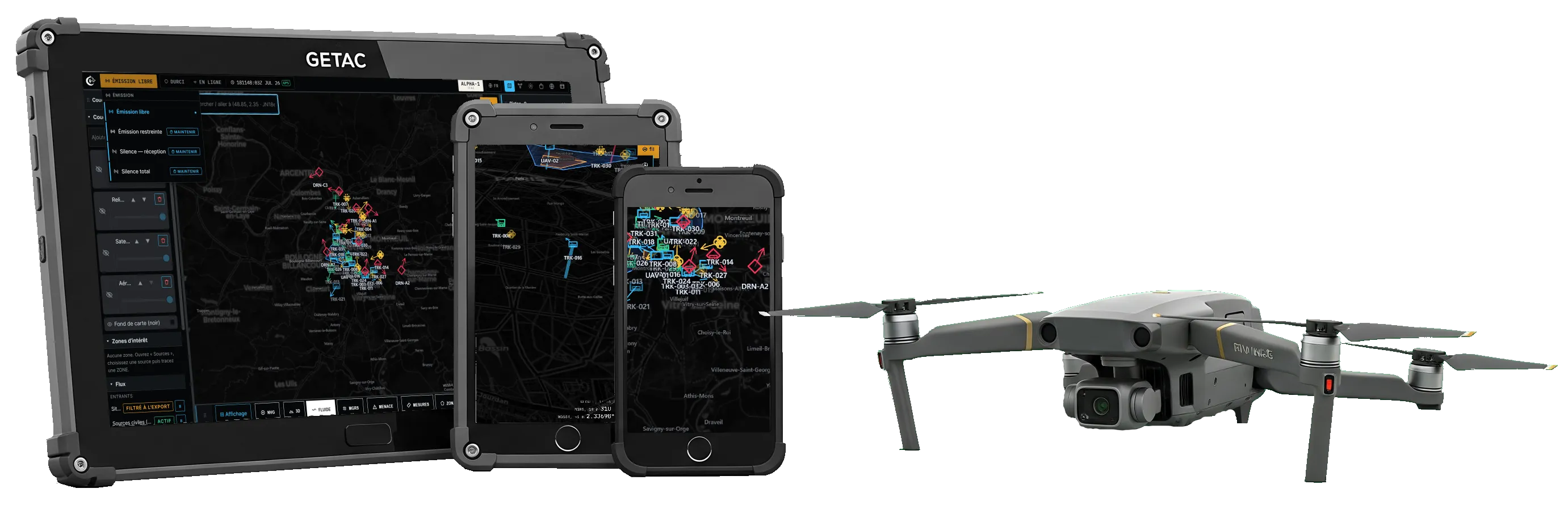 The AGELAIOS foundation deployed on its targets: rugged tablet, tablet, smartphone and a drone with a gimbal camera.