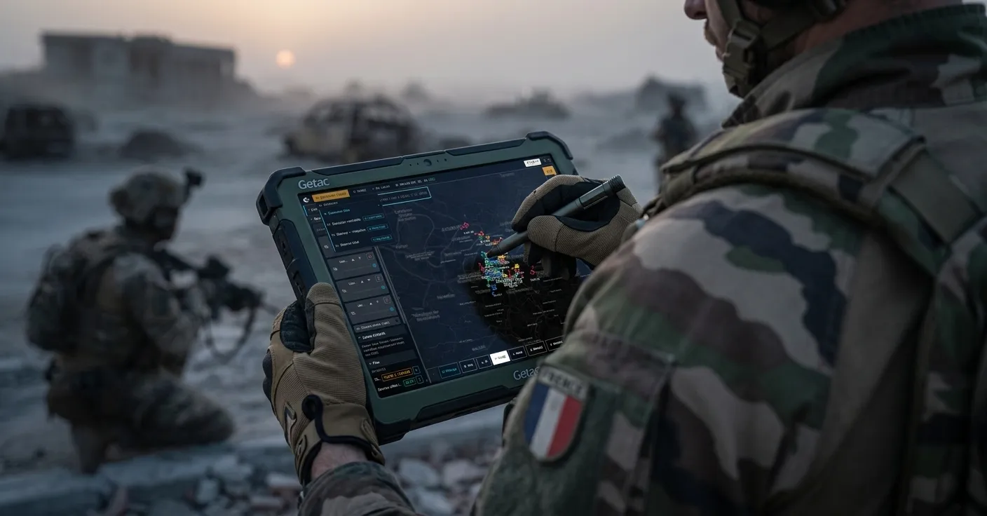 Rugged tablet displaying the AGELAIOS tactical interface.